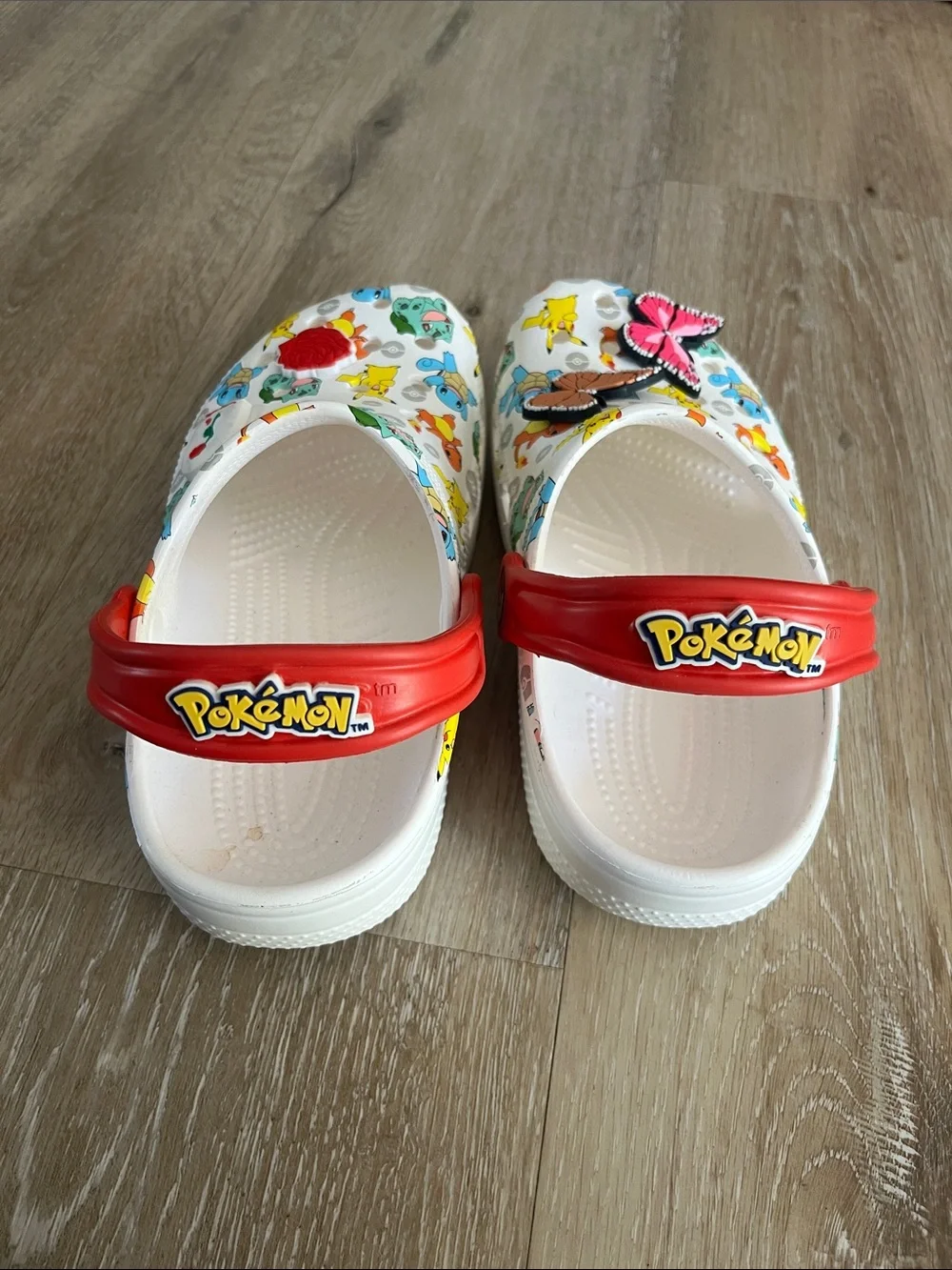 CROCS Kids White Clog with Red Strap and Colorful Pokémon Print